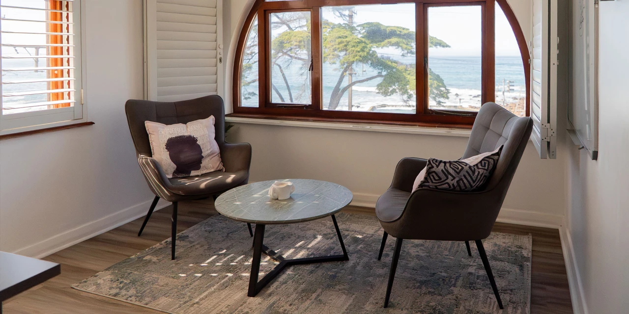 Lounge area with a view of the sea in South Africa.