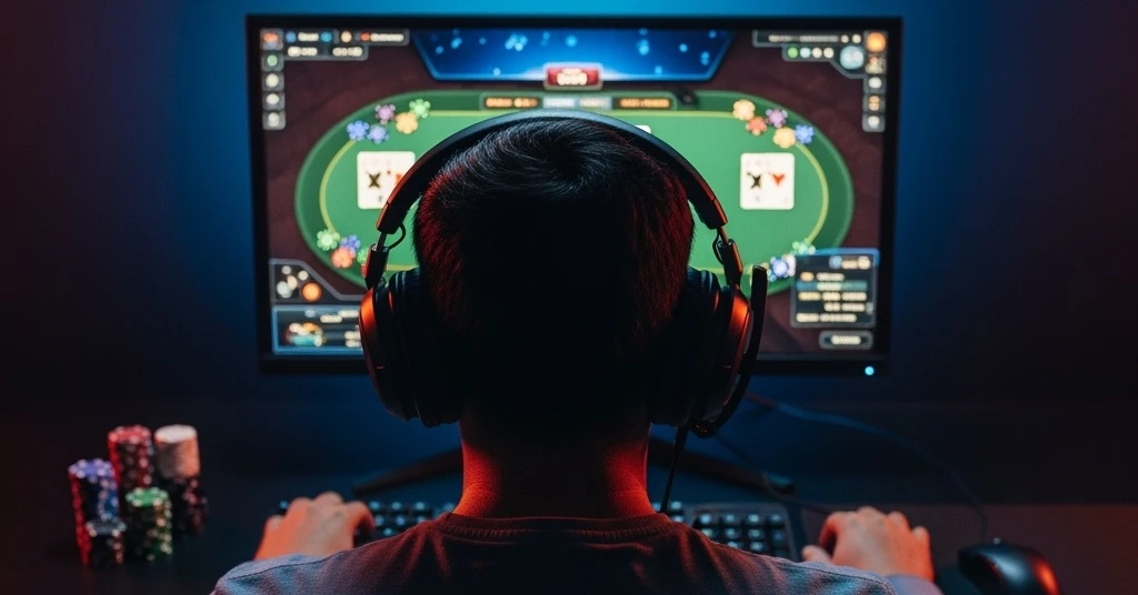 Verslavingsgevoelig persoon speelt online poker achter computer met headset en fiches.