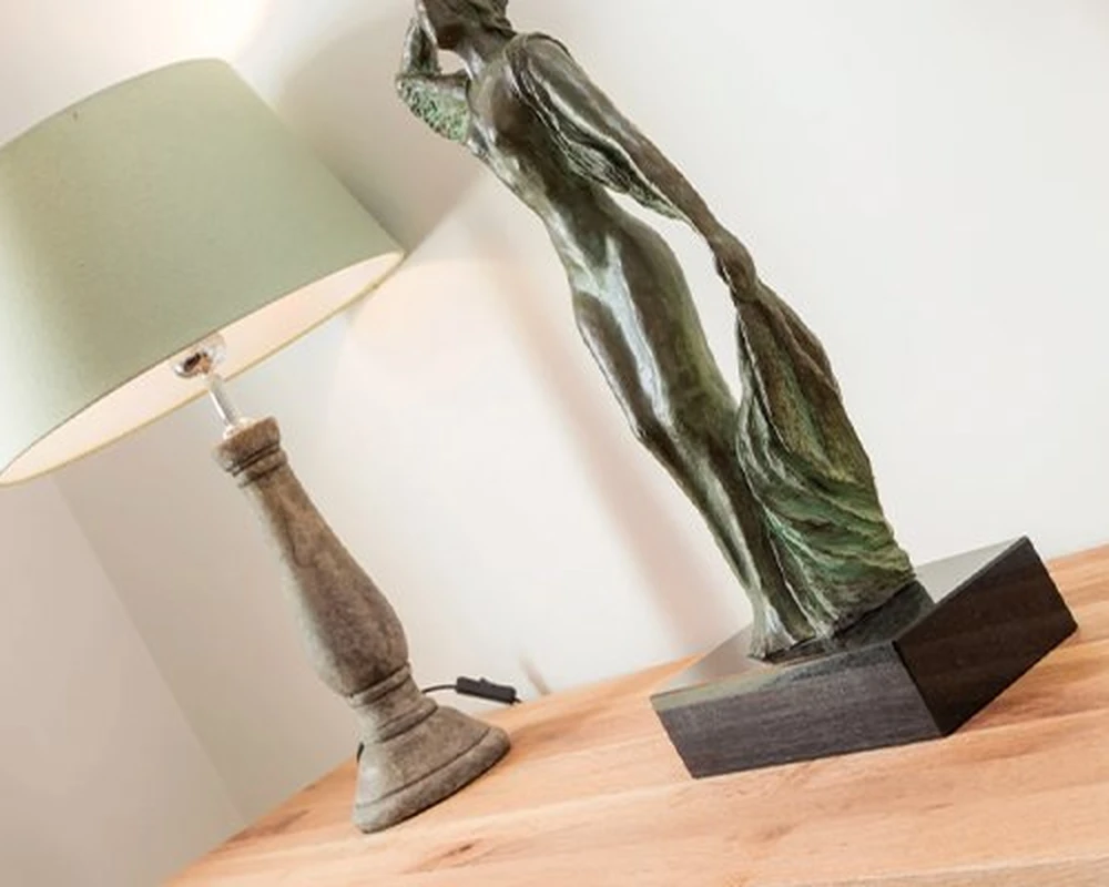 Bronzen vrouwenbeeldje naast lamp in afkickkliniek Eindhoven.