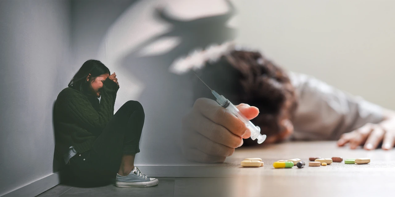 Illustratie van verslaving, wanhoop en mentale gezondheidsproblemen.