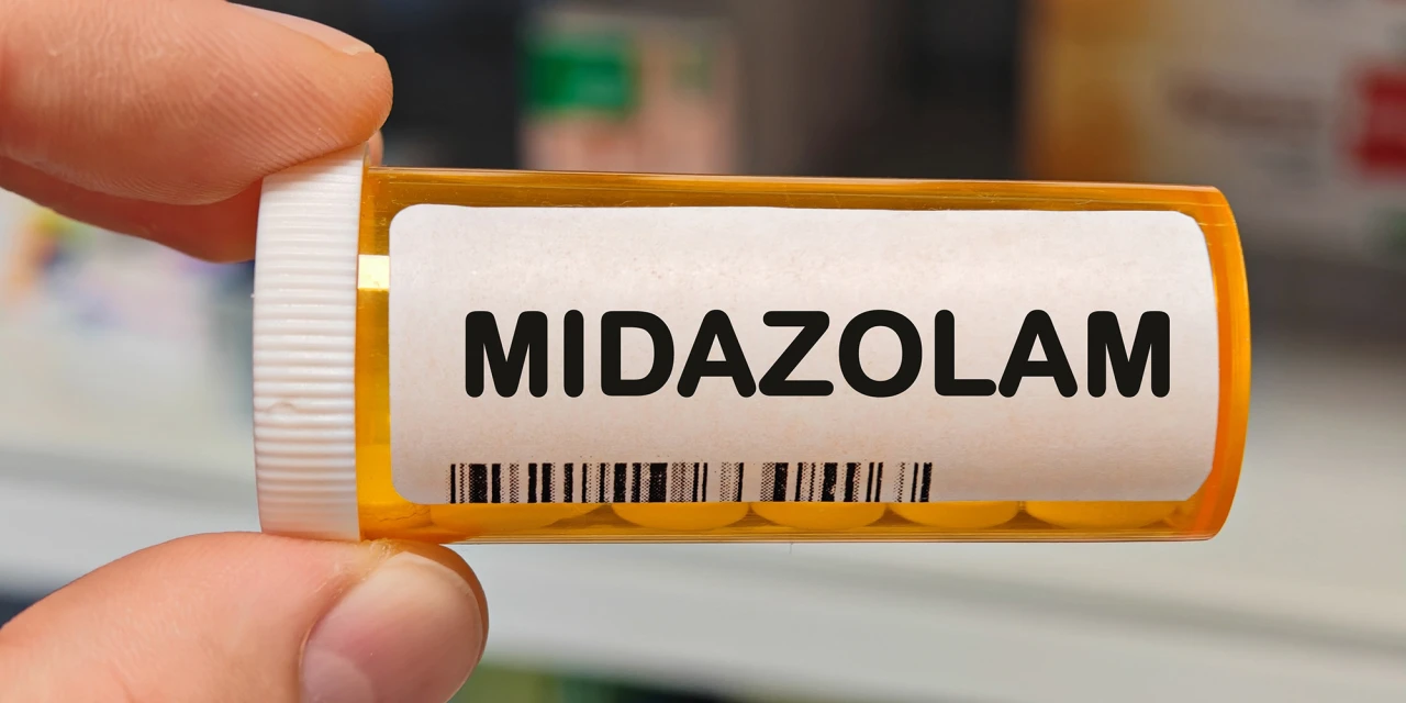 Hand houdt potje met midazolamtabletten vast.