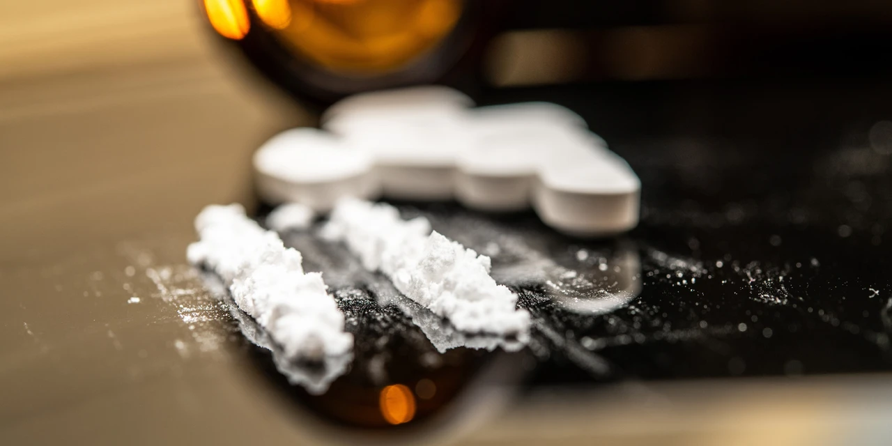 Witte poederlijnen en pillen op oppervlak, verwijzing naar drugsgebruik.