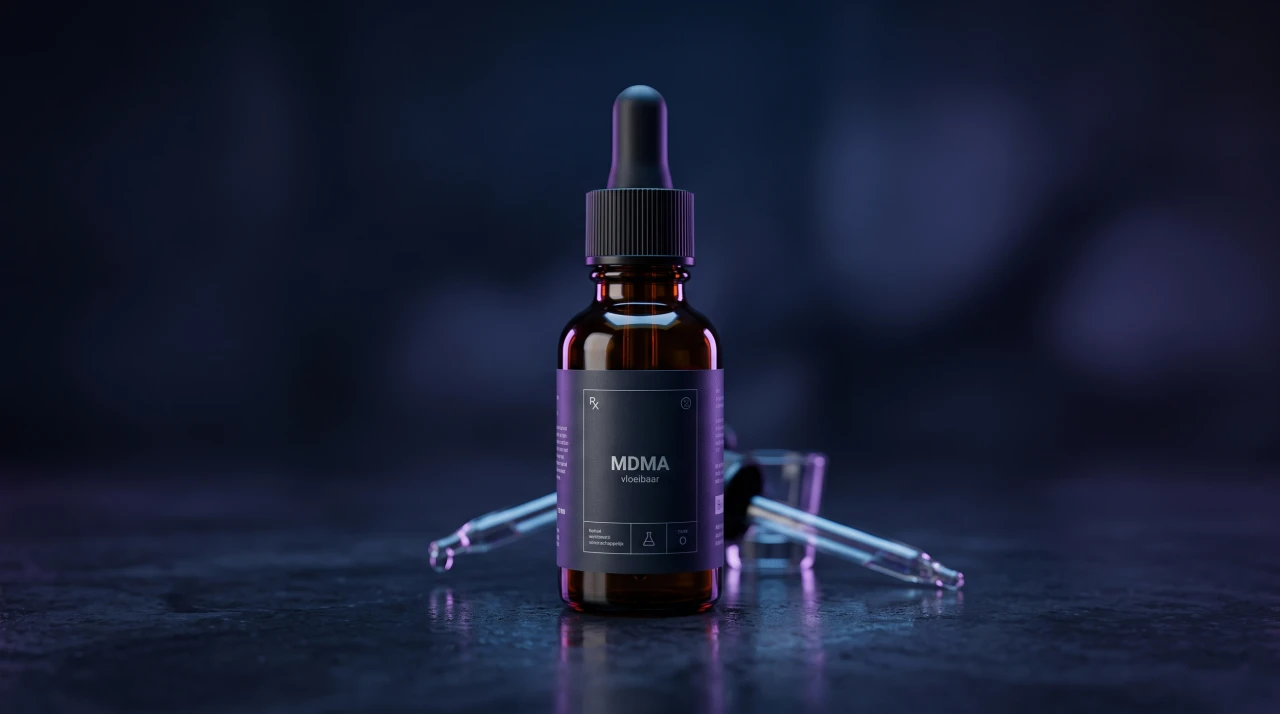 Donker flesje met vloeibare MDMA en pipet op een donkere ondergrond.