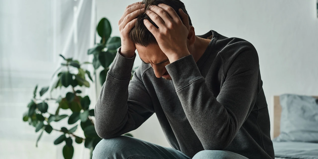 Man met handen in haar zit voorovergebogen, zichtbaar worstelend met depressie.