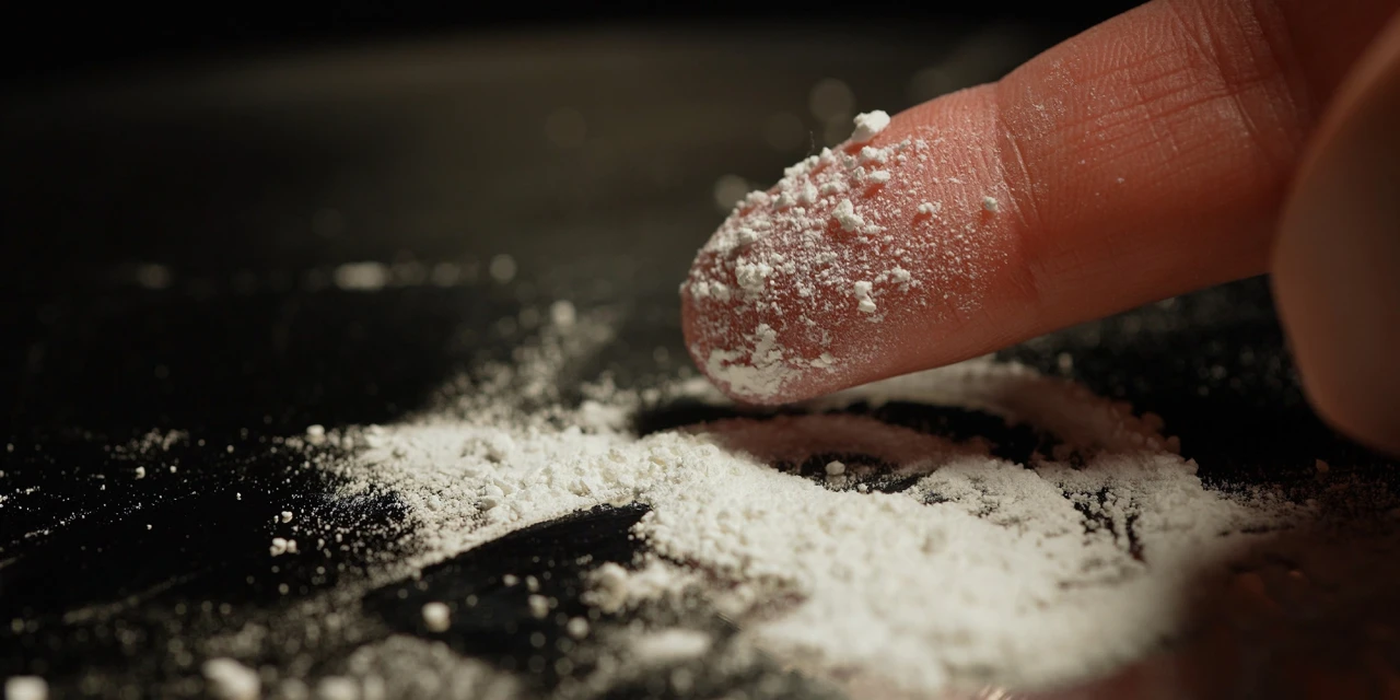 Vinger raakt wit poeder op tafel illustratie bij wat designerdrugs zijn.