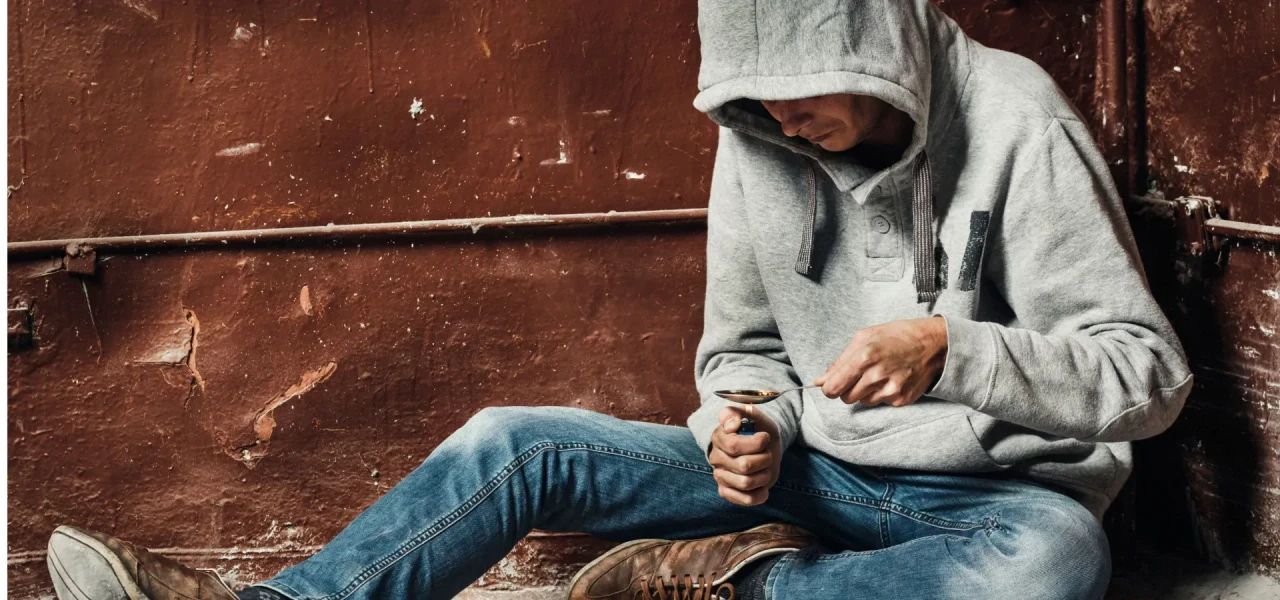 Zittende man in grijs vest met capuchon die coke op een lepel verhit met een aansteker.