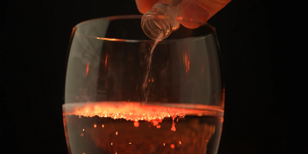 Poeder wordt in een glas drank gegoten bij weinig licht.