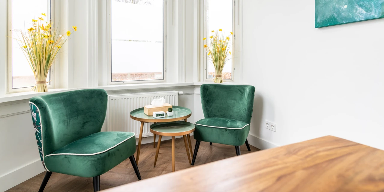 Zithoek met twee groene fauteuils en tafeltje in afkickkliniek Eindhoven.