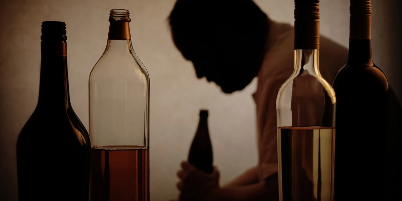 Meerdere flessen alcohol met meneer op achtergrond.