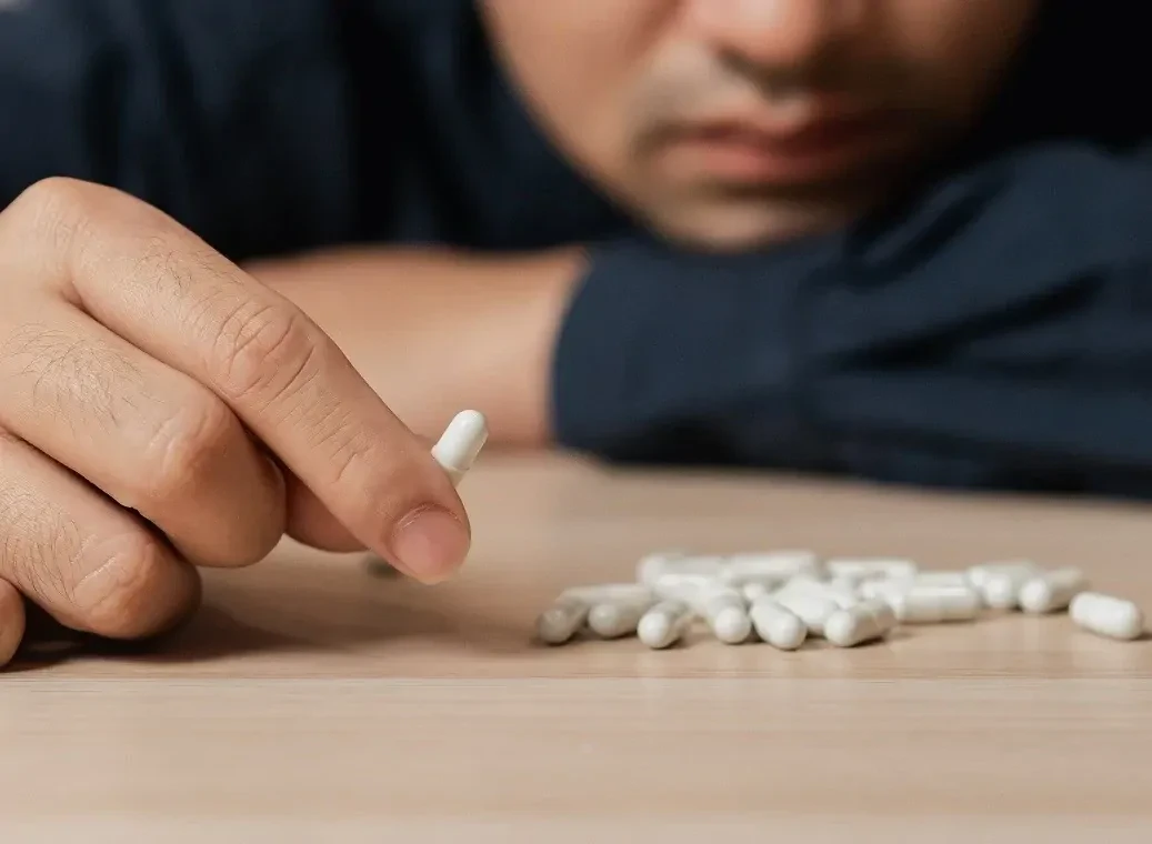 Close-up van hand die een designerdrugs pil vasthoudt, naast andere pillen die op een tafel liggen.
