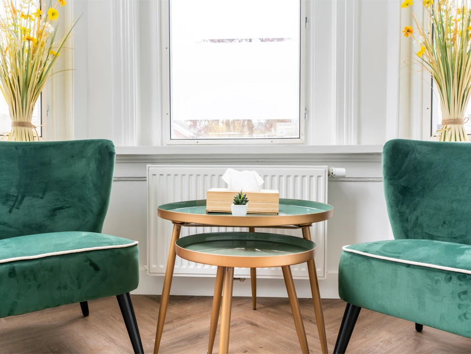 Behandelruimte met twee groene fauteuils en twee kleine salontafels met op de achtergrond ramen en witte muren.