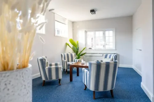 Behandelkamer met blauw tapijt, witte muren, vier blauw-witte stoelen en een salontafel met een plant.