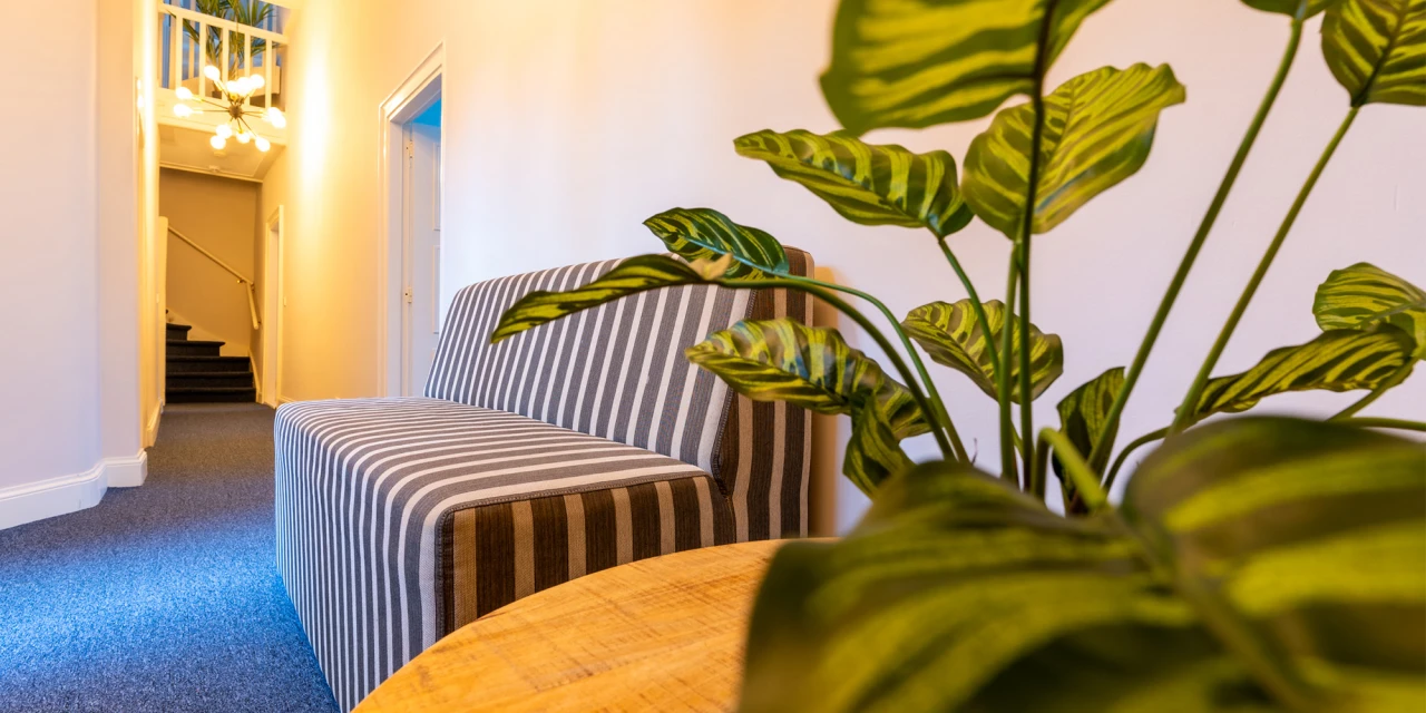 Hal met zithoek en plant, rustige sfeer in afkickkliniek.