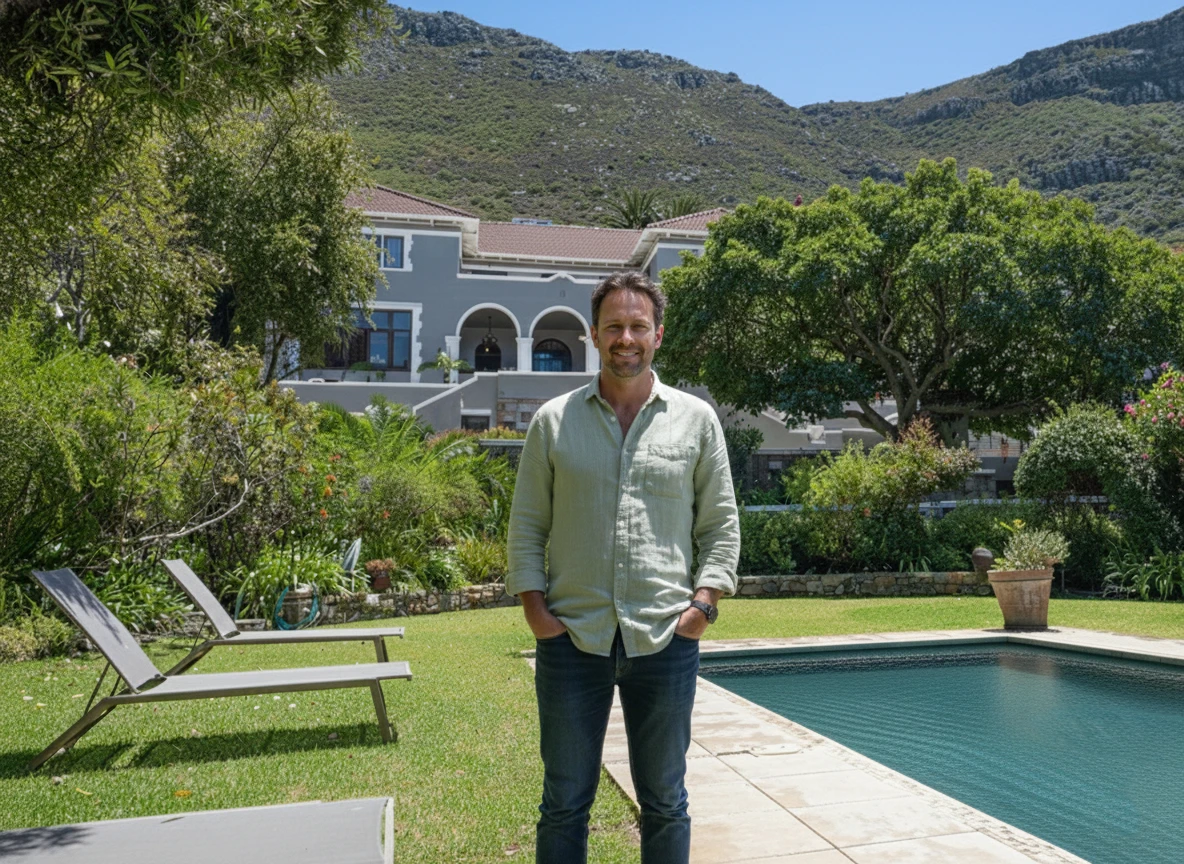 Ruud vertelt zijn herstelverhaal terwijl hij voor afkickkliniek Zuid-Afrika staat.