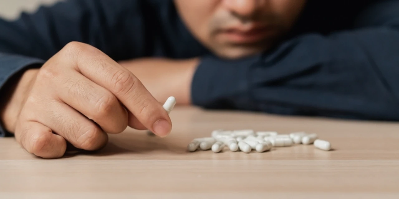 Een man kijkt naar pillen, worstelend en op zoek naar hulp bij drugsverslaving.