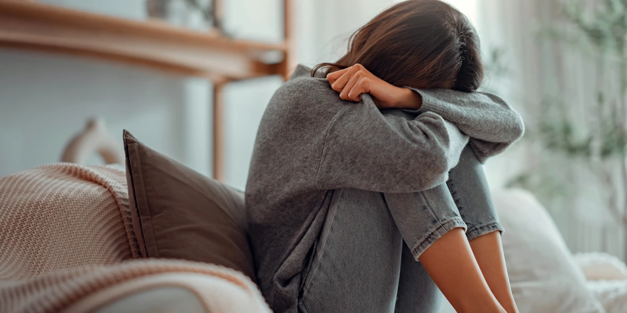 Vrouw zit ineengedoken op bank, gezicht verborgen, beeld van PTSS.